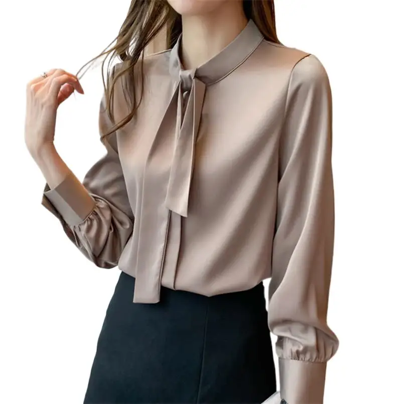 

2023 Autumn Long Sleeve Satin Blouse High Quality Shirt Women Solid Blusas Mujer De Moda Bow Stand Collar Office Lady Blouse