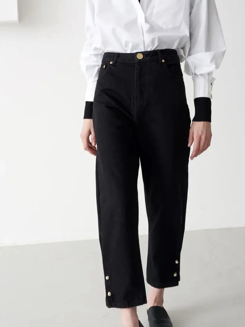 

Women Jeans Removable Pearl Buckles High Waist Casual Denim Pants