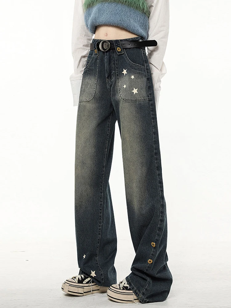 Y2K Vintage Women Korean Streetwear Oversized Star Aesthetic Straight Trousers Wide Leg Jeans Grunge Hip Hop Denim Pants Clothes