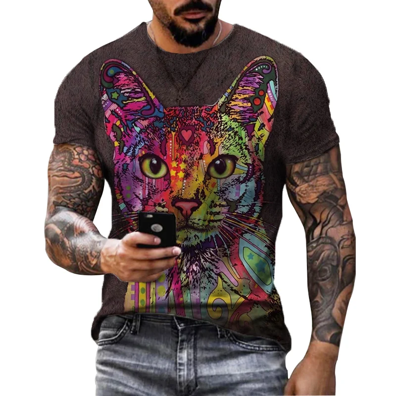 

Футболка мужская оверсайз с 3D-принтом кота, коротким рукавом и круглым вырезом