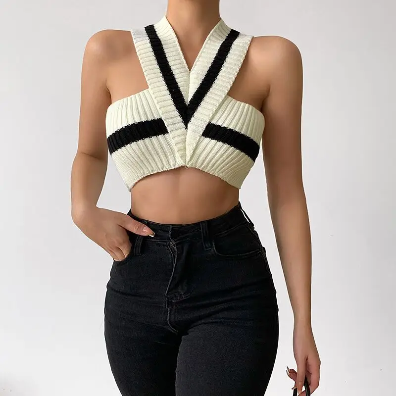 

2022 Spring And Summer New Sexy Sleeveless V-neck Cross Open Back Temperament Commuter Simple Slim Knitted Vest Short Top