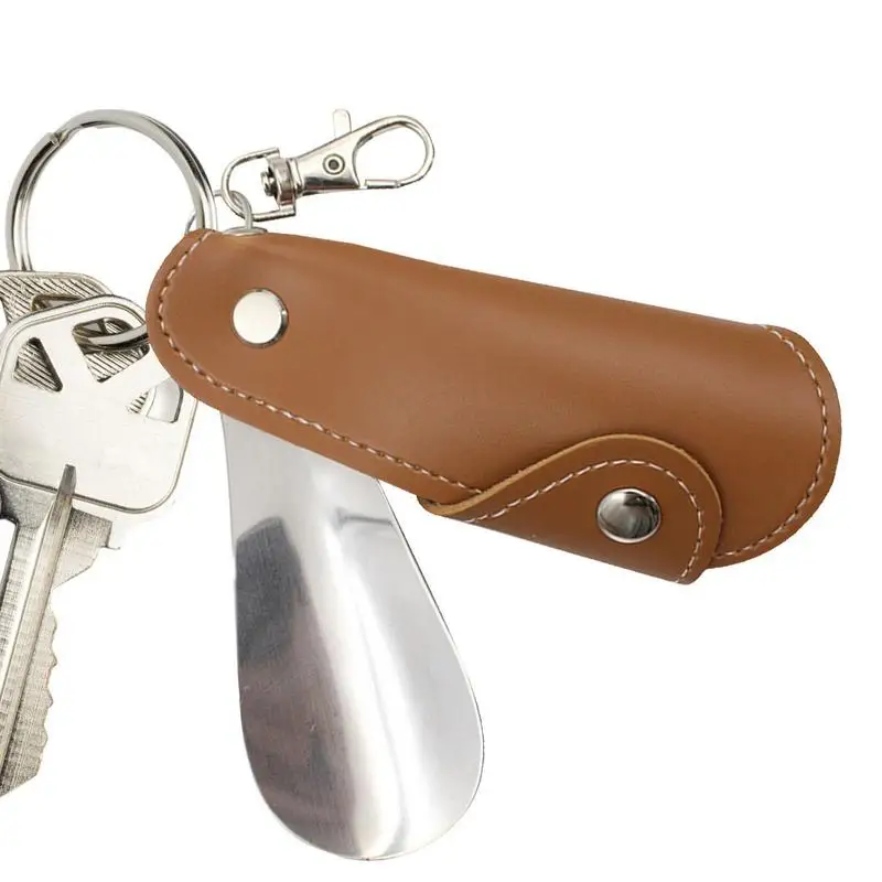 Keychain Stainless Steel Shoehorn With Keychain And Pu Leather Case Portable Slip-on Shoes Helper For Seniors