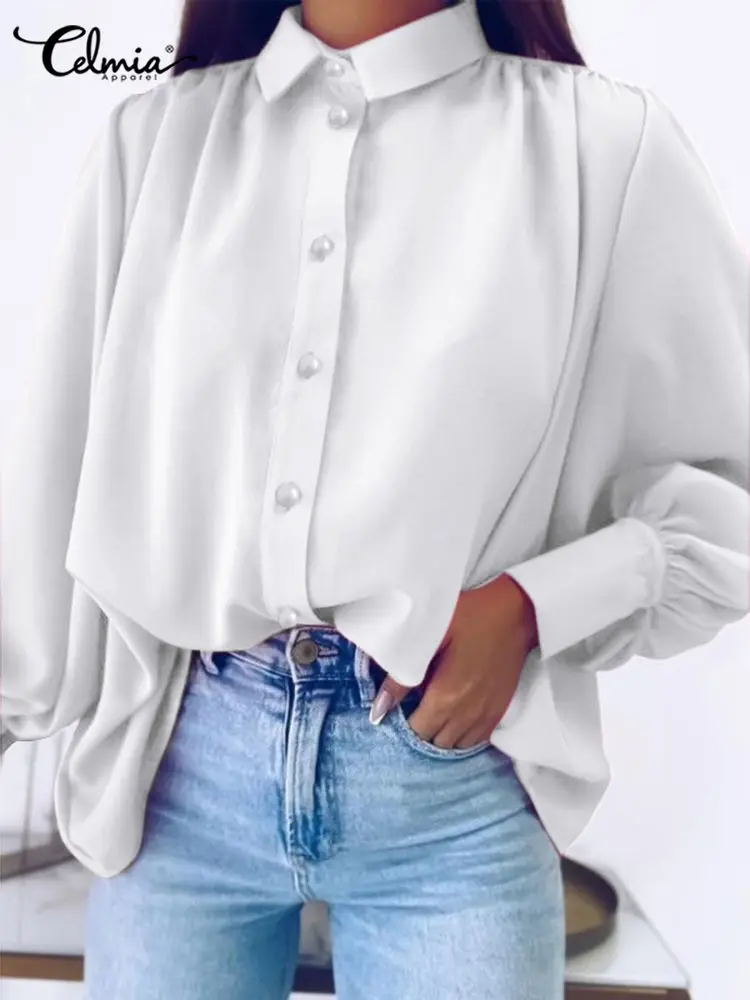 Женская атласная блузка с длинным рукавом-фонариком, Элегантная блузка с воротником с лацканами, универсальная туника на пуговицах, лето 2022