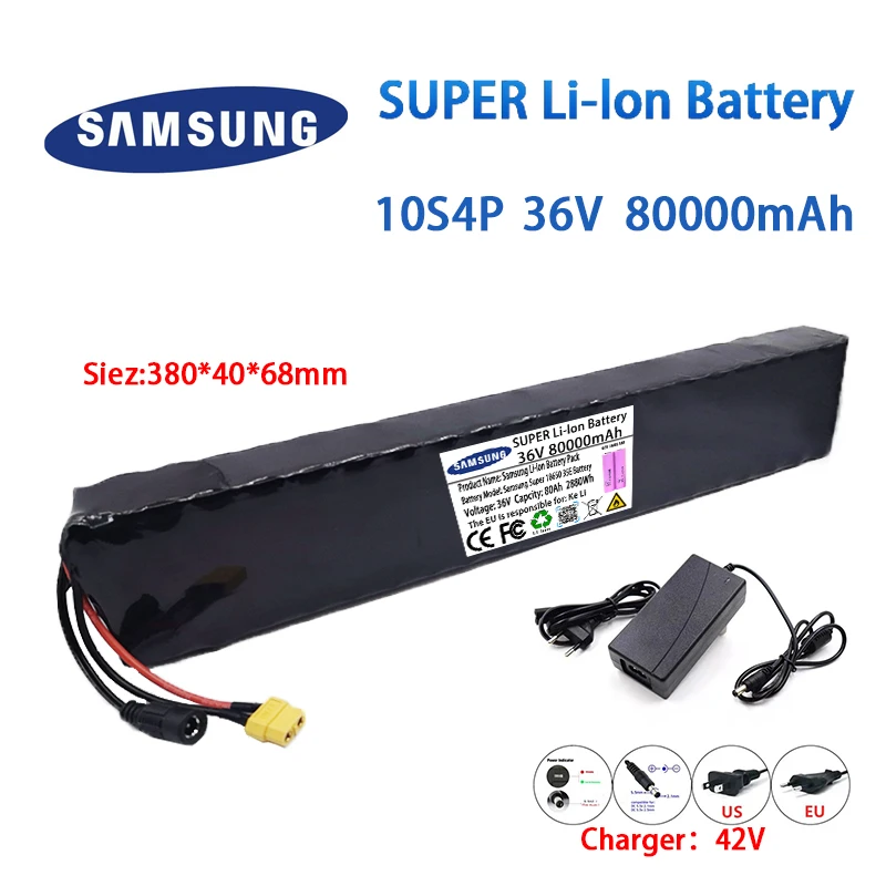 

Аккумулятор 10S4P 36 в 80 Ач 18650 высокой мощности 600 Вт, подходит для электрического велосипеда, электрического скутера, уличного освещения + зарядное устройство 2 А