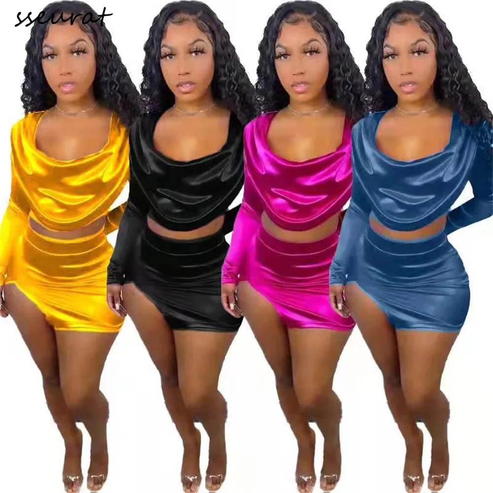 

SSEURAT Sexy High Split Mini Skirt Suit and Pile Neck Crop Tops Matching Set for Women 2022 Summer Two Piece Set Outfits