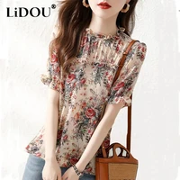 2022 summer korean style floral elegant fashion tops women short sleeve print chiffon female shirt aesthetic all match blouse