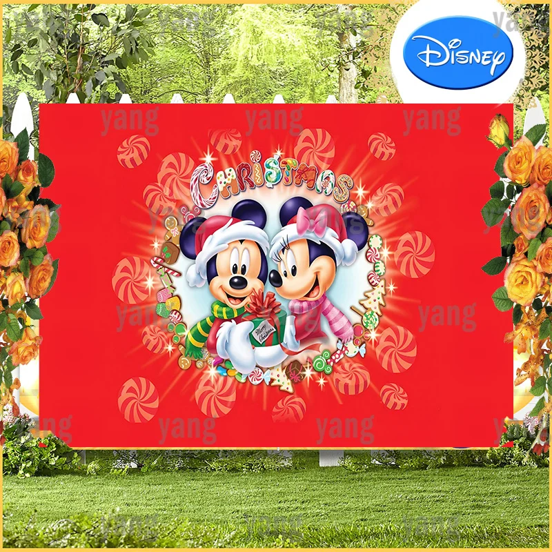 Enlarge Disney Custom Baby Mickey Minnie Mouse Santa Photo Backdrop Happy Lovely Christmas Party Rad Photography Backgrounds Decoration