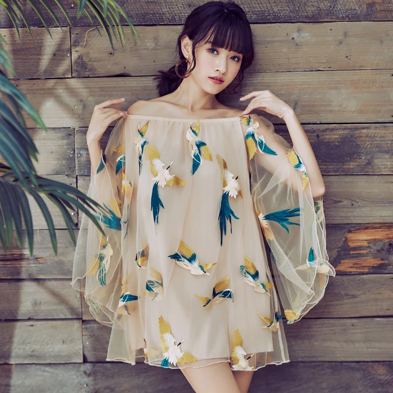 

Women Dress 2022 Summer Sexy Off Shoulder Chiffon Dress Embroidery 3D Bird Boho Slash Party Beach Dresses Vestidos De Fiesta