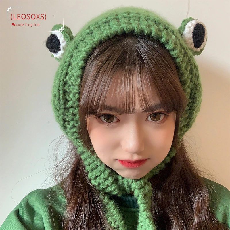 

2021 Hats for Women with Pompon Cute Frog Hat Crochet Large Knitted for Girls Costume Beanie Christmas Fashion Earflap Hats Cap
