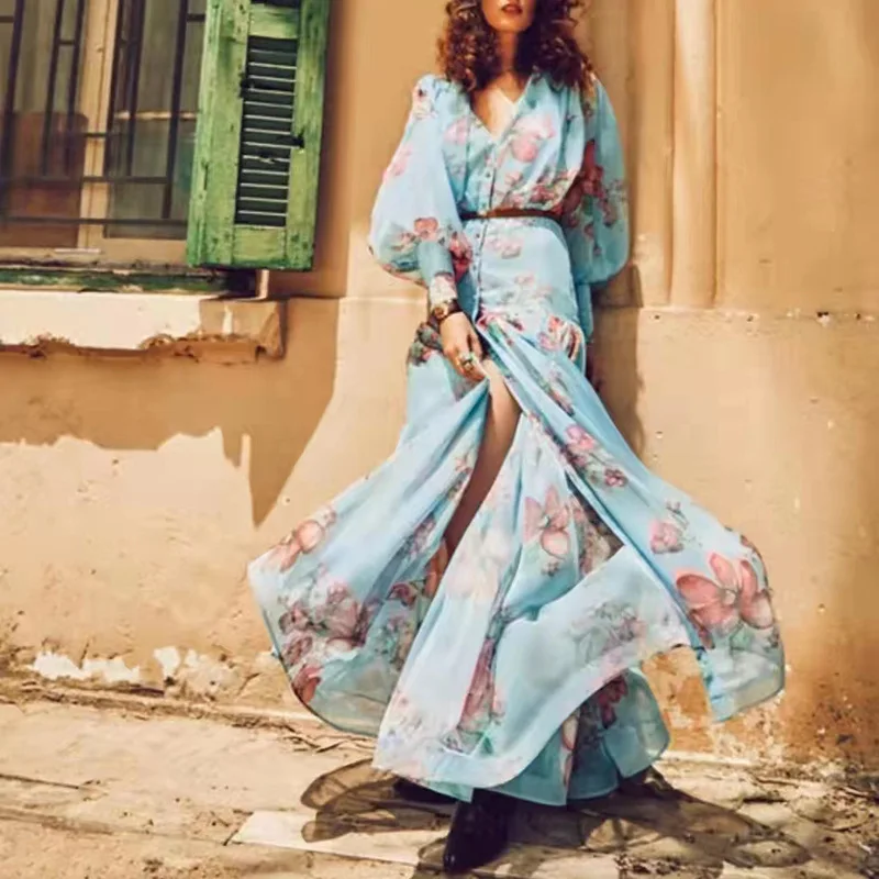

Exotic blue chiffon print slit dress 2022 spring and summer new single-breasted personalized V-neck dress