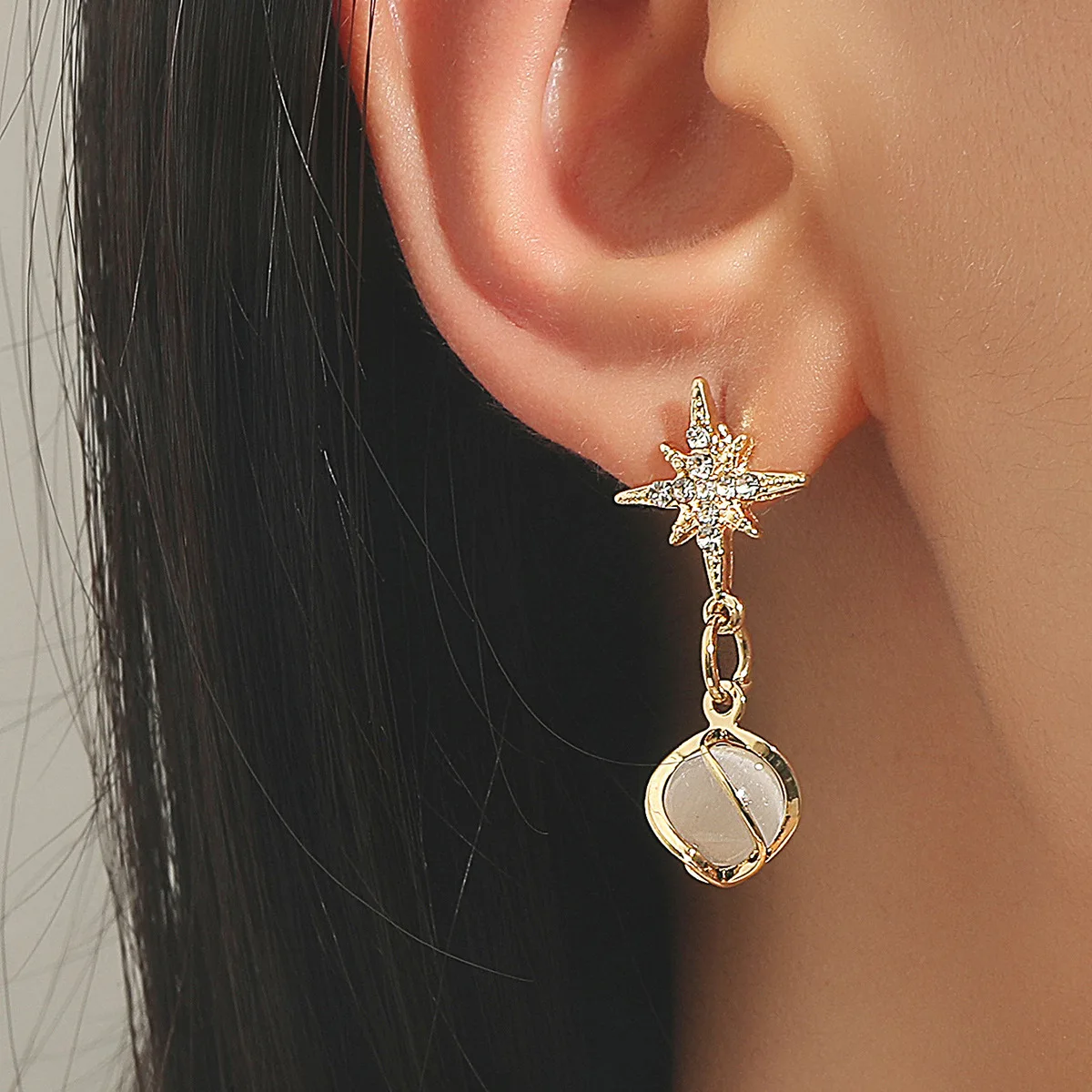 

Korean Net Red Hexagram Crystal Earrings Women Metal Cat Eye Stud Trend Cute Girl Pendientes Popular Needle Vintage Jewelry