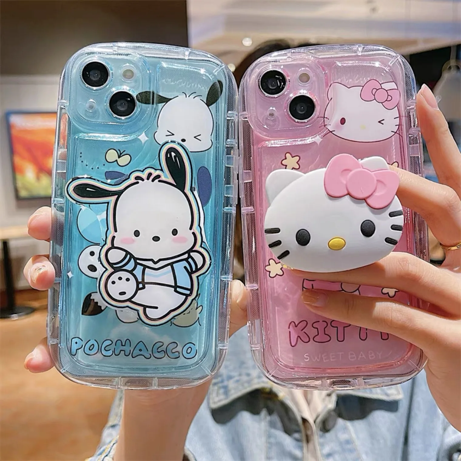 

Sanrio Hello Kitty Pochacco With Bracket Phone Case For iPhone 14 13 12 11 Pro Max Mini X XR XS MAX 7 8Plus Anti-drop Back Cover