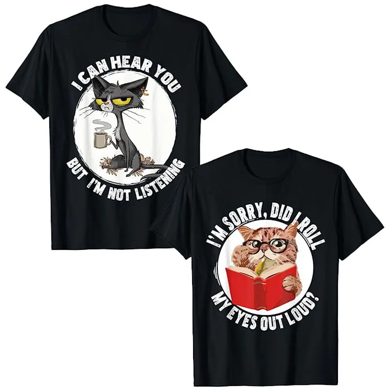 

Funny Cat I Can Hear You But I'm Listening, Cat and Coffee T-Shirt Kitten Did I Roll My Eyes Out Loud Cute Kitty Read Book Tees