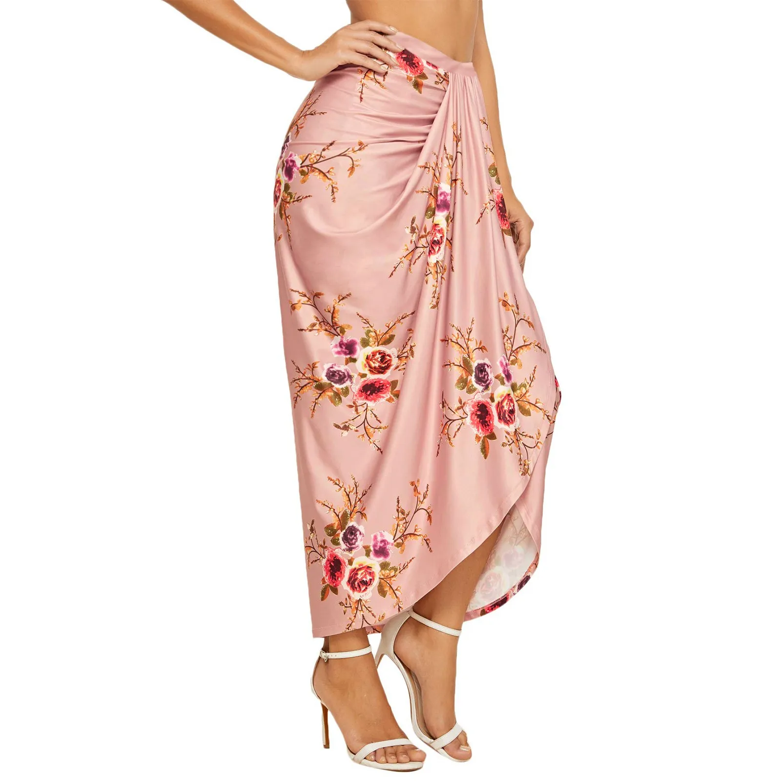 

Womens Flower Plaid Prints Draped Slit High Elastic Waist Casual Skirt Wrap Waist Asymmetrical Skirt