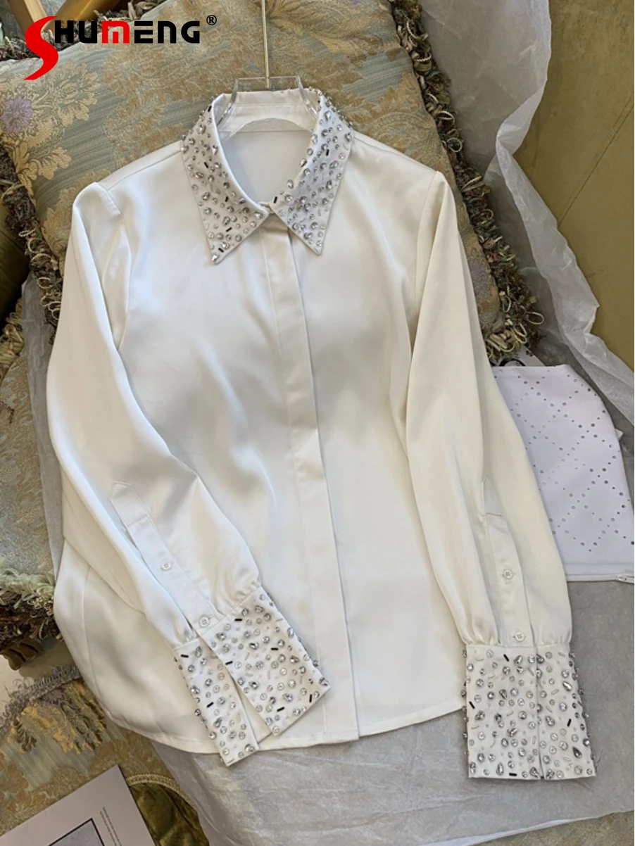 New Autumn Women's Fashion Elegant Exquisite Rhinestone High-grade Shirt Ladies Office Lady Simple Lazy Long-Sleeved Blouses Top