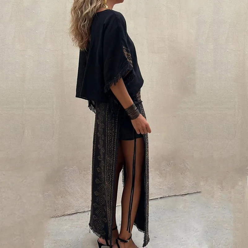 Юбка с бахромой и винтажным узором модная блузка круглым вырезом юбка разрезом