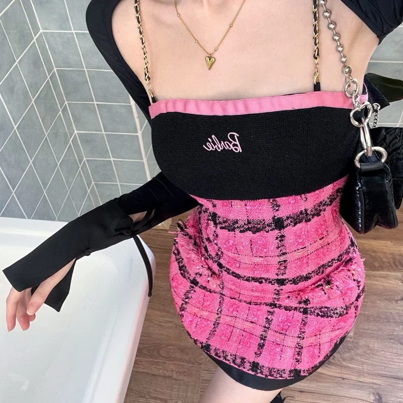 

Женский комплект из двух предметов, винтажное облегающее платье в клетку контрастных цветов, летнее платье на бретелях с надписью, комплект...