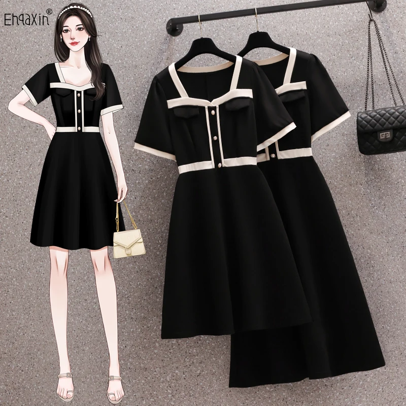 EHQAXIN Fashion Womens Dress Elegant 2023 Summer French A-Line Gentle Splicing Short Sleeve Buttons Little Black Dresses M-4XL