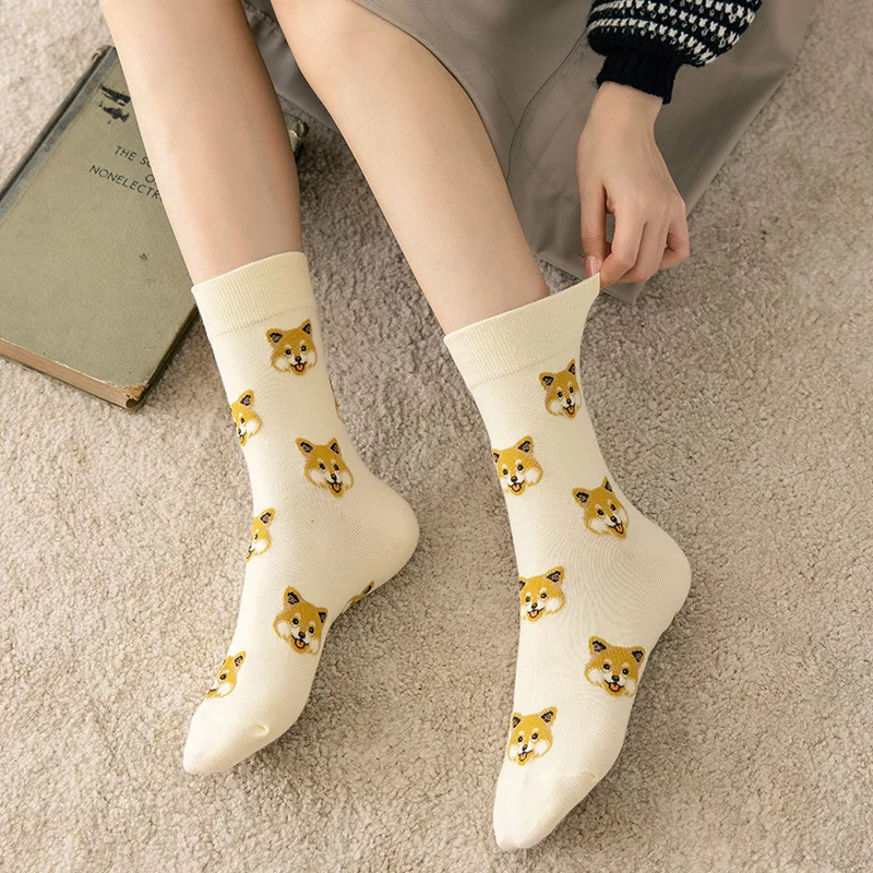 5 Pairs High Quality Harajuku Korean Kawaii Cute Women Cotton Socks Cartoon Animal Dog Girl Casual Socks