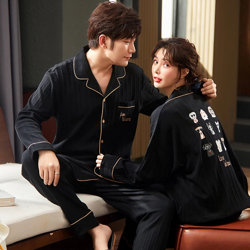 QUHENG Youth Couple's Pajamas Autumn Long Sleeved Trousers Cotton Soft Breathable Men Women Matching Lounge Lapel Printed Suit