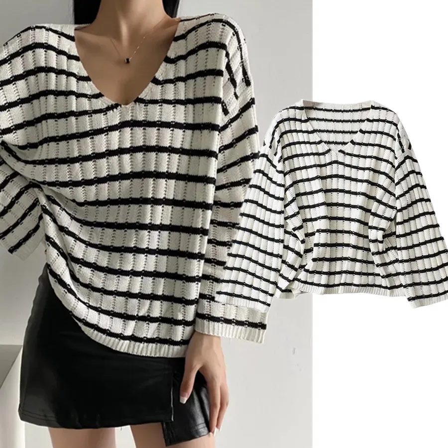 

Withered Long Sleeve Sweaters Women Spring Sweater Women England Style Office Lady Fashion Striped V-neck Knitted Women Tops