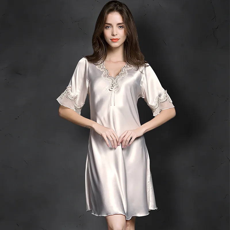 

Spring Summer Ice Silk Nightdress Ladies Lace V-neck Sexy Pajamas Women's Fashion Casual Thin Short Sleeves Home Clothes