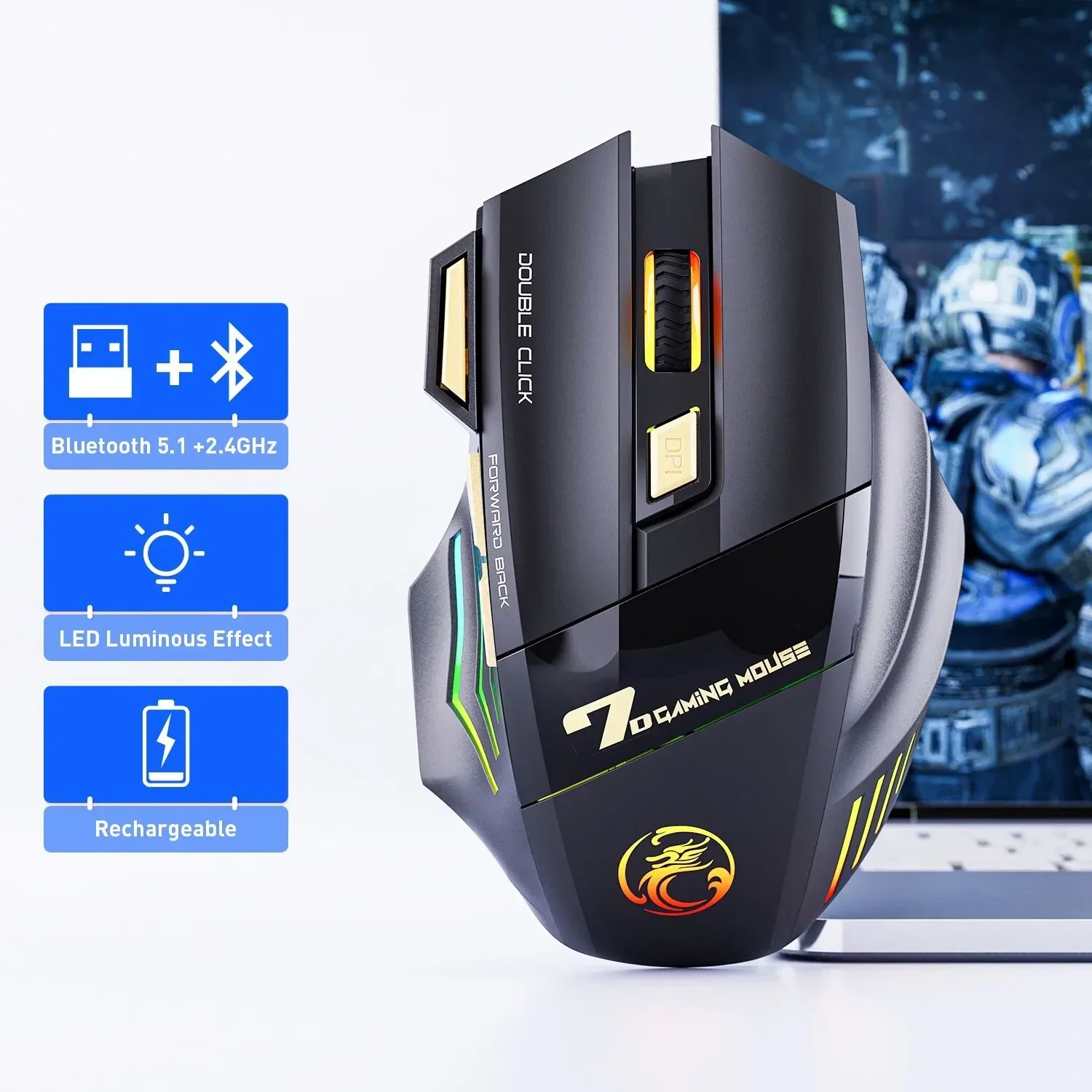 Фото Беспроводная игровая мышь USB IMICE GW-X7 3200 точек на дюйм, двухрежимная перезаряжаемая, 7 клавиш, бесшумная мышь 2,4 ГГц, Bluetooth, 7 цветов, светодиод для дыхания №1