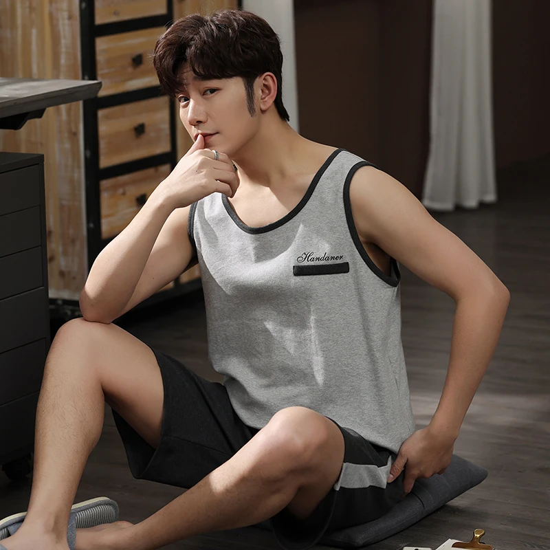 

Plus Size L-4XL Men Pajamas Set Summer 100% Cotton Pyjamas Men's Vest Sleepwear Home Clothing