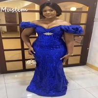 2022 plus size mermaid prom dresses aso ebi royal blue african evening dress with sequins glitter lace corset reception gowns