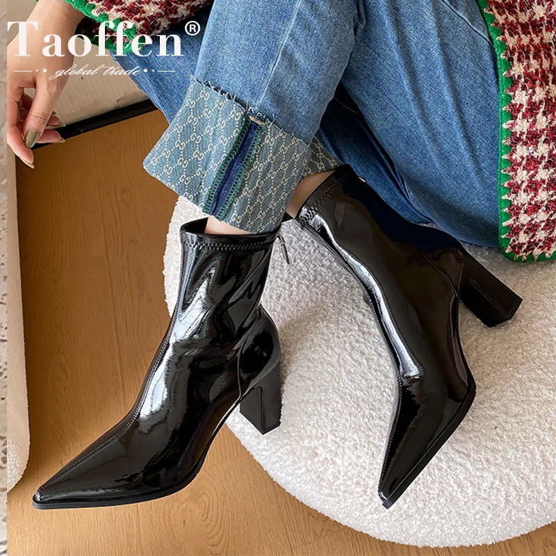 

Taoffen/Размеры 33-40; Женские ботинки на высоком каблуке; Новинка 2023 года; Модные зимние женские ботинки из лакированной кожи; Модные вечерние же...