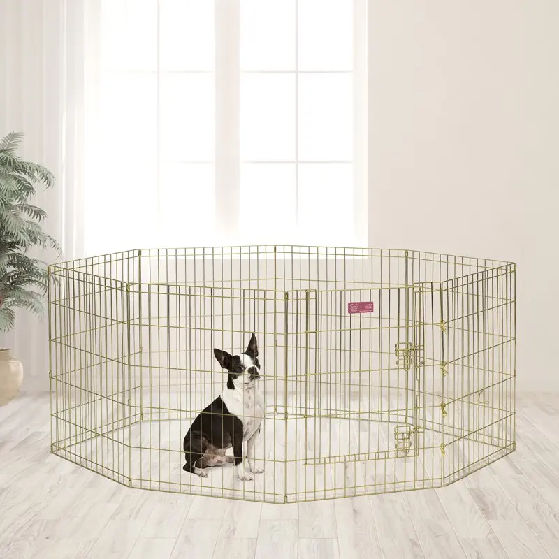 

Foldable Metal Exercise Pen, Playpen, Gold zinc with door, 24"W x 30"H