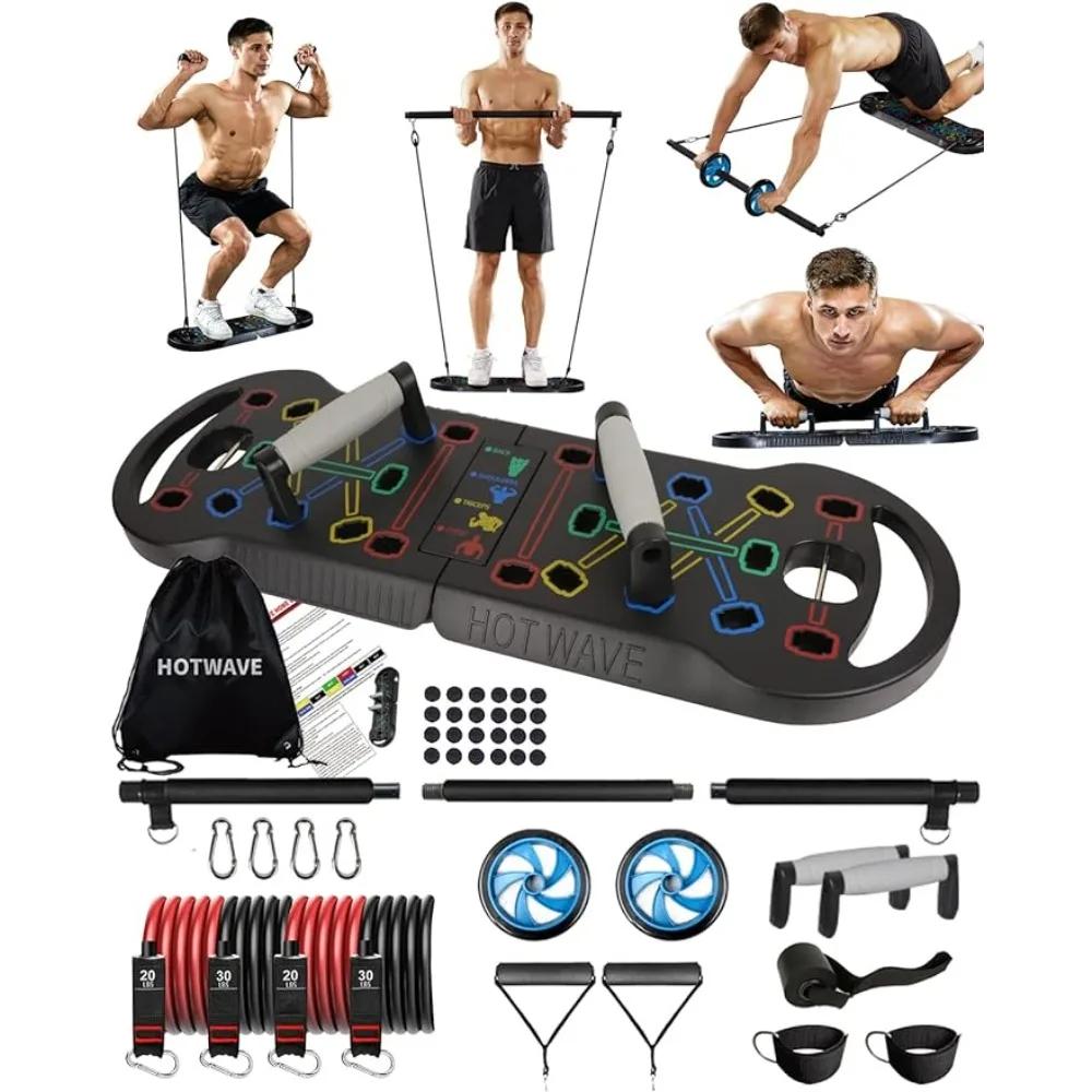 

HOTWAVE Portable Exercise Equipment with 16 Gym Accessories.20 in 1 Push Up Board Fitness,Resistance Bands with Ab Roller Wheel