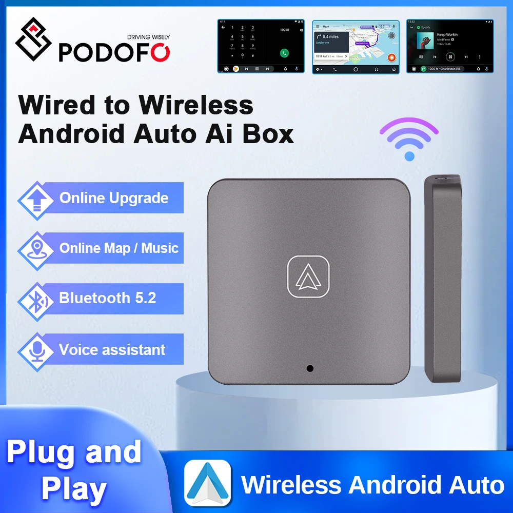 Podofo Android Auto AI Box Wireless Android Auto Adapter Carplay Dongle Bluetooth WIFI Plug And Play For VW Audi Toyota Honda