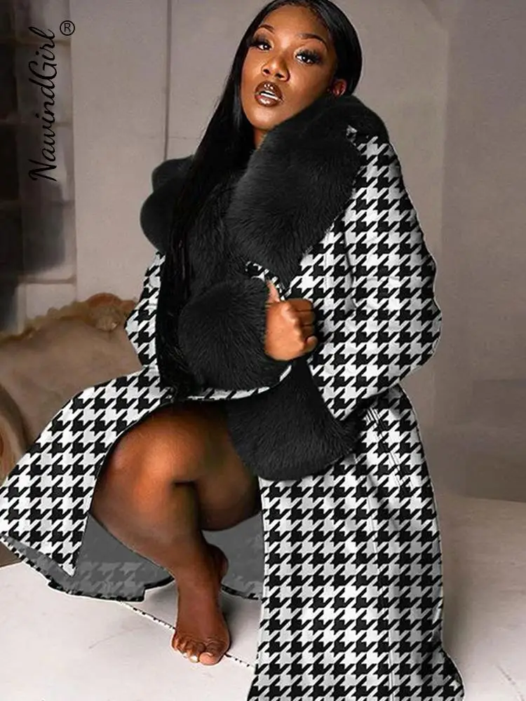 

Faux Fur Print Detachable Collar Women Coats 2022 Autumn Winter Long Sleeve Warm Overcoat Female Elegant Double Breasted Trench