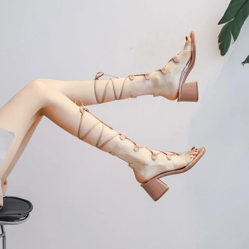 

Туфли женские прозрачные с перекрестной шнуровкой, сандалии на массивном каблуке, узкие ремешки, туфли-лодочки с открытым носком, лето