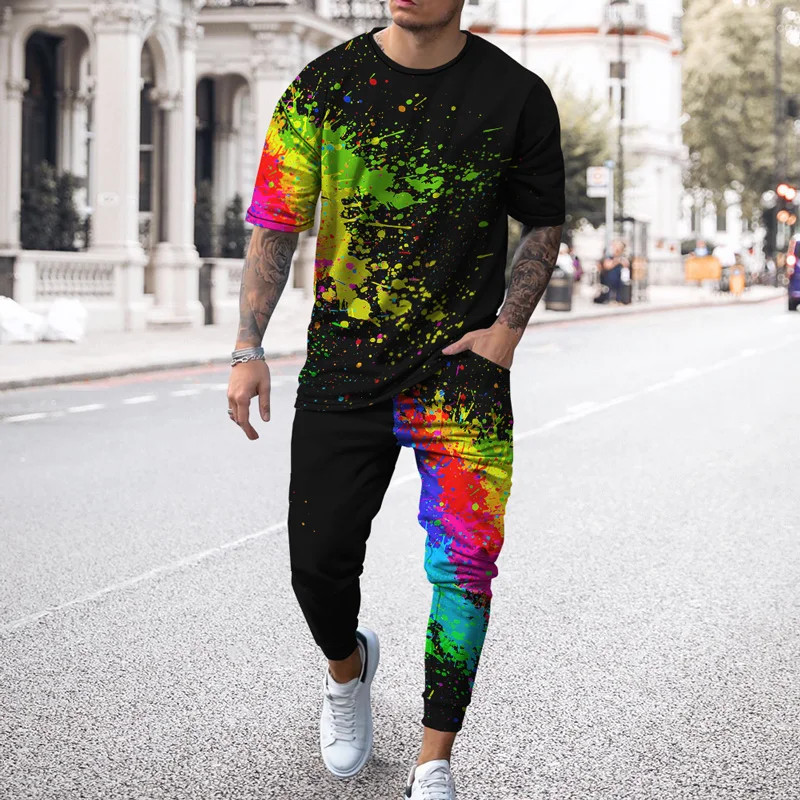 Urban man 3D printed Short Sleeve T Shirt Long Pants 2 Piece Sets Casual Retro Oversized Clothing 2023 New Summer Men Tracksuit