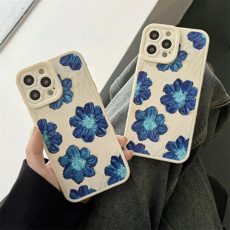

Luxury Cute Blue Floral Oil Paint Aesthetic Phone Case For iphone 13 12 Pro 11 XS Max XR X Soft Matte Protective Cool Back Cove