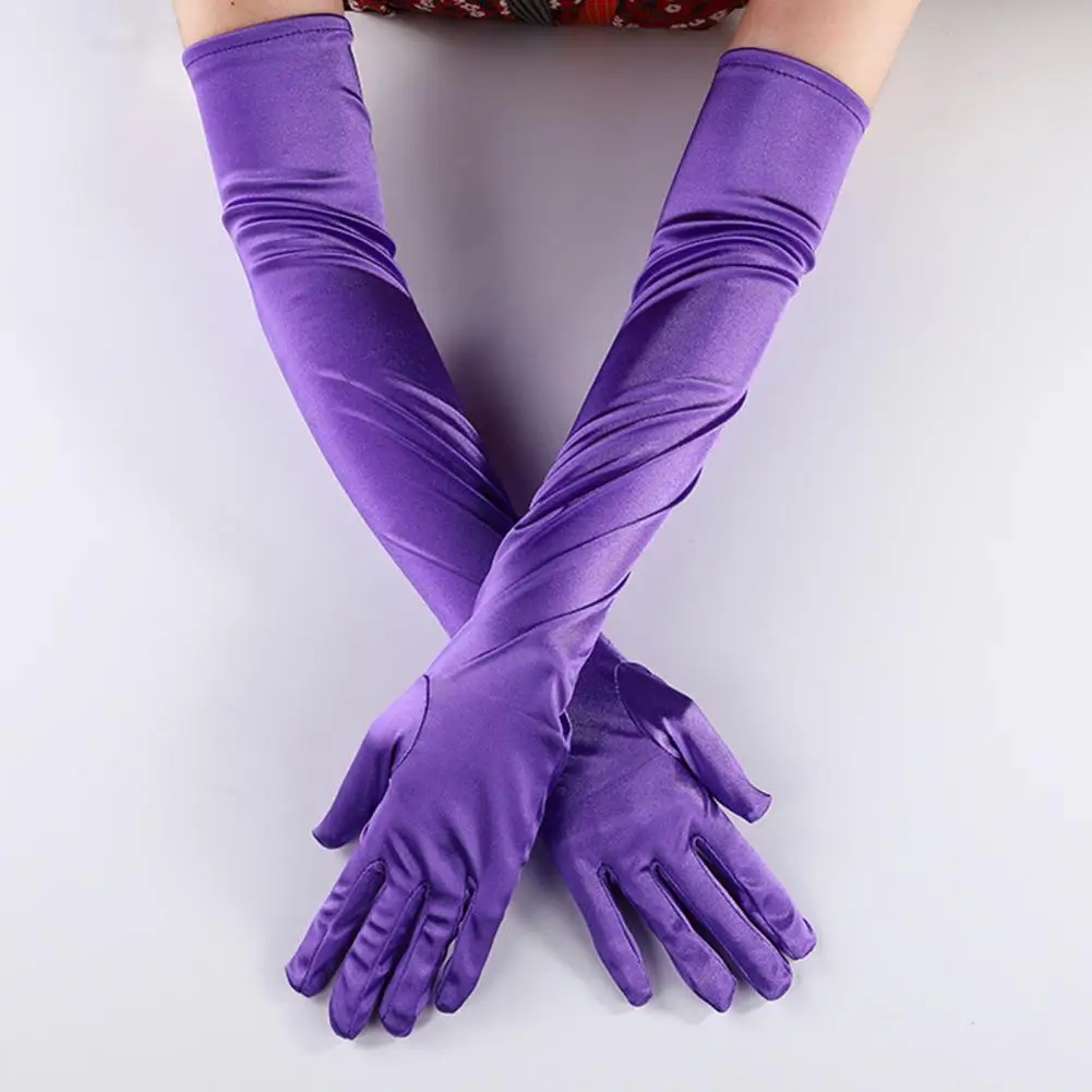 

1 Pair Gloves Elastic Fade-Resistant Washable Vivid Color Decorative Satin Women Elbow Length Wedding Evening Party Long Gloves