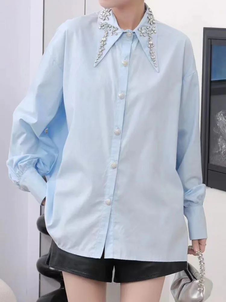 Женская рубашка с пышными рукавами DEAT блузка отложным воротником и заклепками со