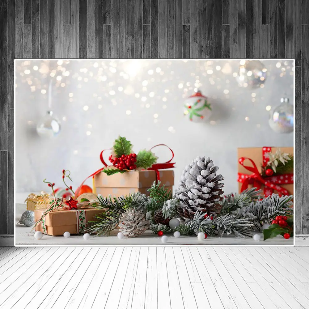 

Christmas Gift Pine Cones Ball Bokeh Photography Backdrops Custom Party Home Decoration Photo Booth Photographic Backgrounds
