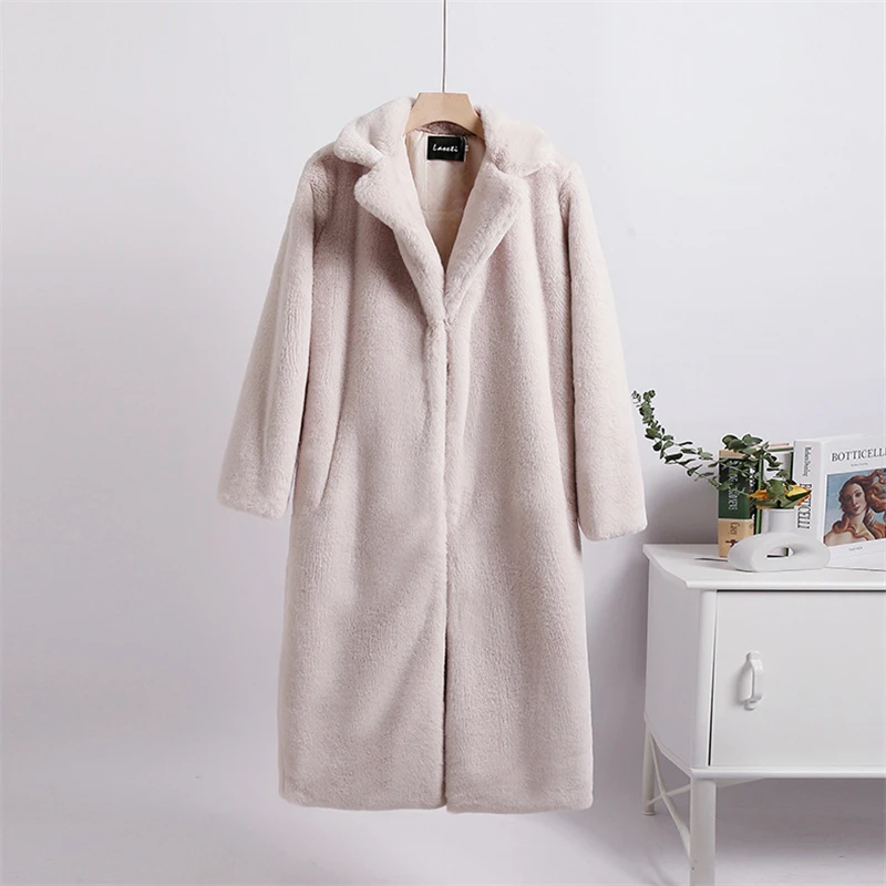 Winter Women Furry Warm Faux Rabbit Fur Coat Luxury Long Fur Coat Loose Lapel OverCoat Thick Warm Plus Size Female Plush Coats
