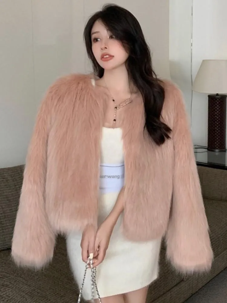 

Новинка зимнее женское пальто с длинным рукавом Топ 2023 модная Короткая Меховая куртка для женщин Женская Роскошная Толстая теплая однотонная меховая одежда из искусственного меха