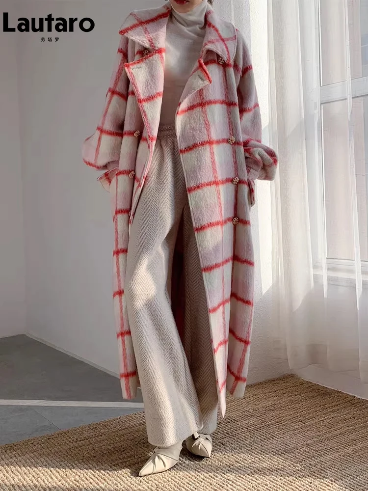 

Lautaro Autumn Winter Long Vintage Loose Warm Thick Colorful Plaid Woolen Coat Women Double Breasted Luxury Designer Clothes