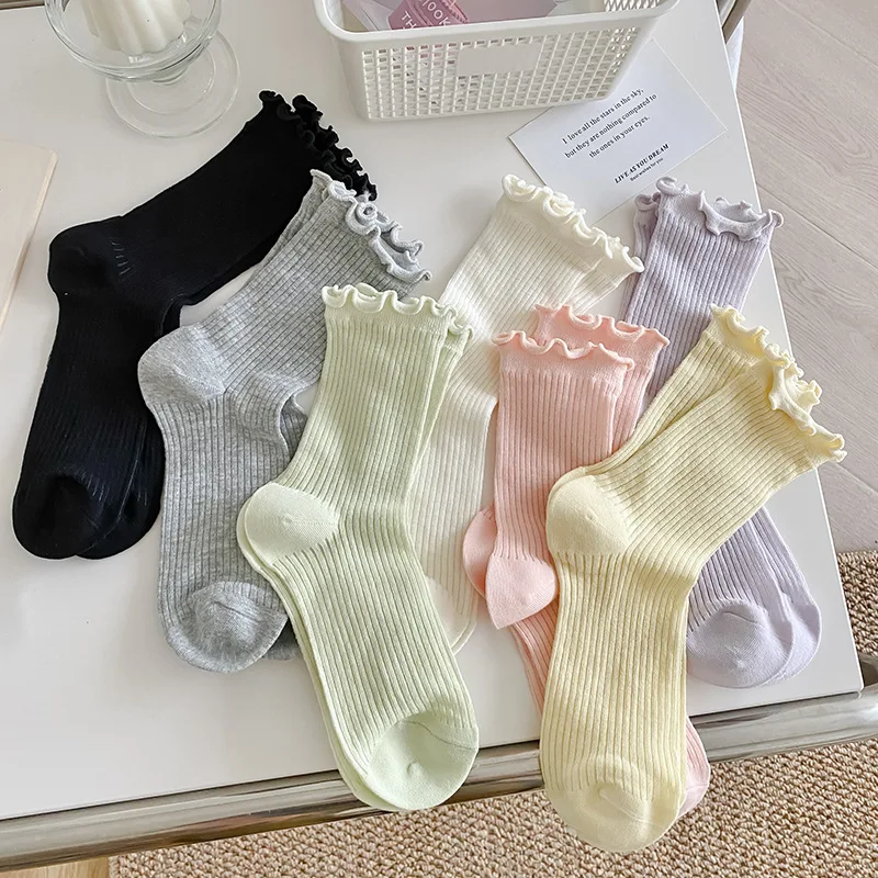 

Solid Black White Gray Curled Edge Cute Women's Socks Casual and Comfortable Wooden Ear Edge JK Harajuku Girls' Socks
