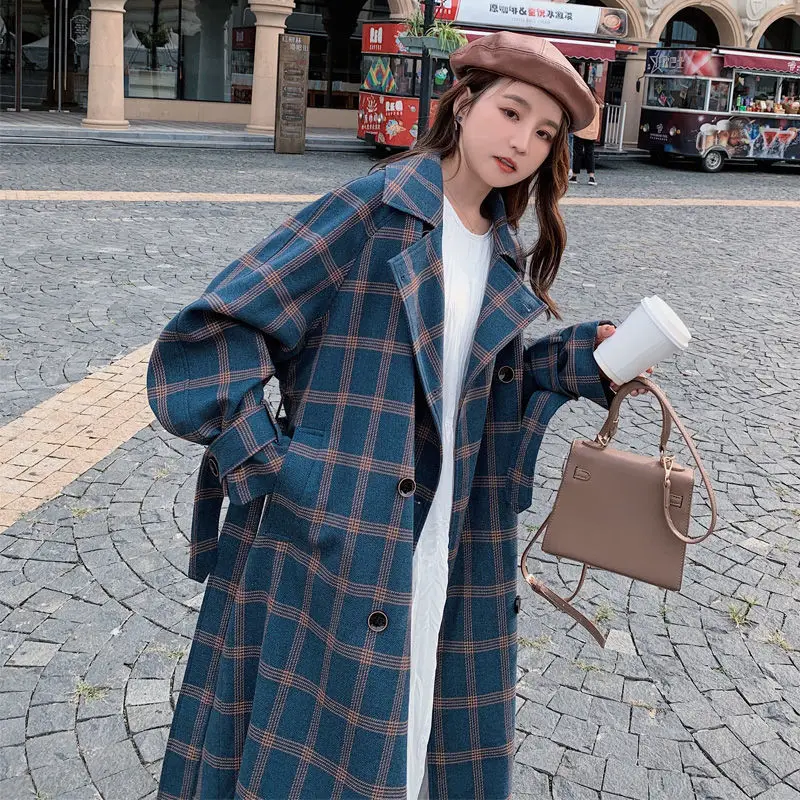 M GIRLS New Autumn Winter Women Fashion Long Coats Vintage Plaid Female Loose Windbreaker Street Lady Korean Jackets Outwears