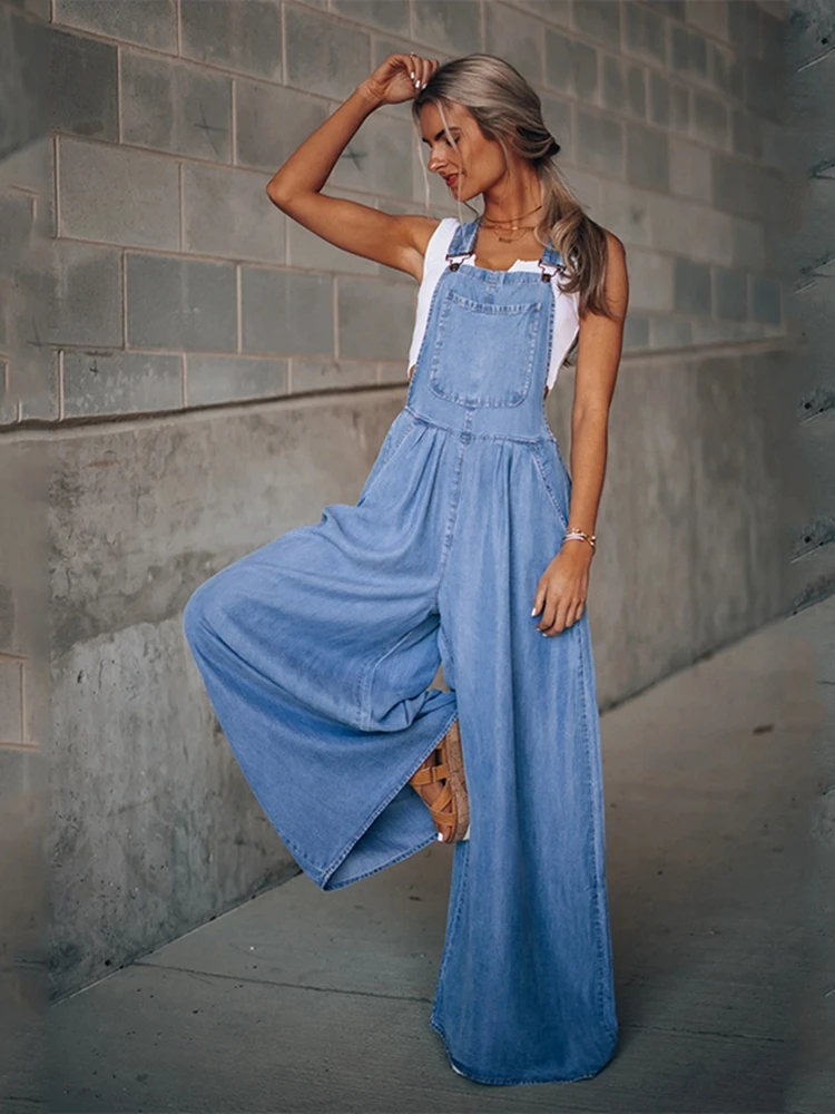 Summer Overalls For Women Blue Denim One-Piece Jumpsuits Loose Wide-Leg  With Pocket High-Waist Jumpsuits