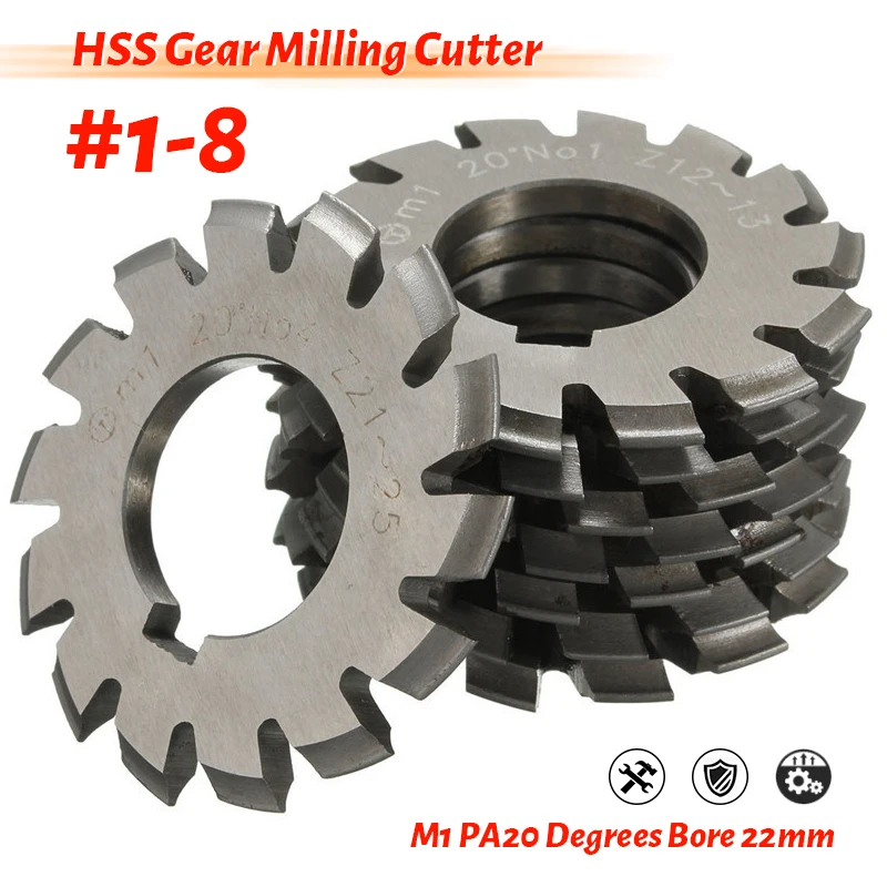 

1/8Pcs M1 PA20 Degrees Bore 22mm NO.1-NO.8 HSS Involute Gear Milling Cutter Set Gear Milling Cutter Gear Cutting Tools