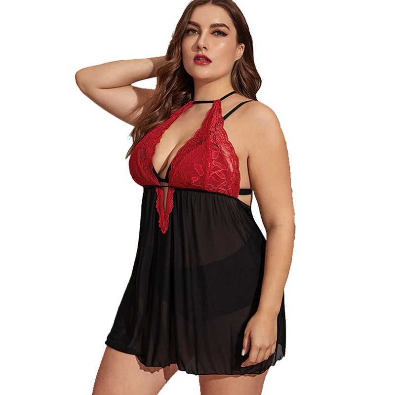 

Sexy Black Women's nightdress Mesh Lace Nightgowns with Thong Sleeveless Sheer Hollow-out Back Lingerie Nightdress
