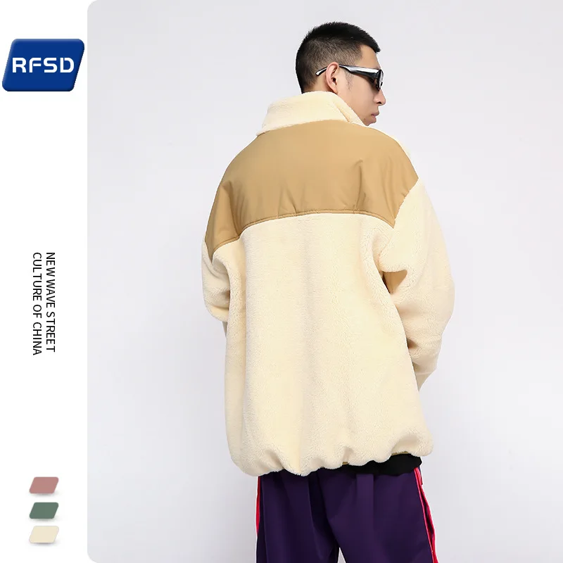 Autumn and winter color-blocking large pocket lamb wool jacket men's loose thickening all-match Men's winter jackets parkas