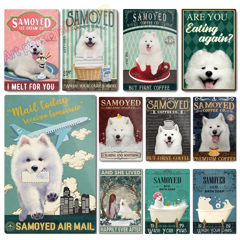 

Samoyed Dog &Co. Bath Soap Wash Your Paws Vintage Plaque Poster Tin Sign Wall Decor Hanging Metal Decoration